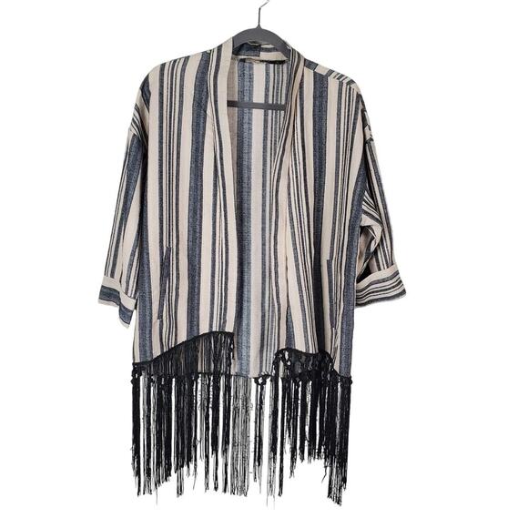 Zara Basic Neutral Striped 3/4 Sleeves Fringe Kimono Ecru Size Small - Picture 3 of 10